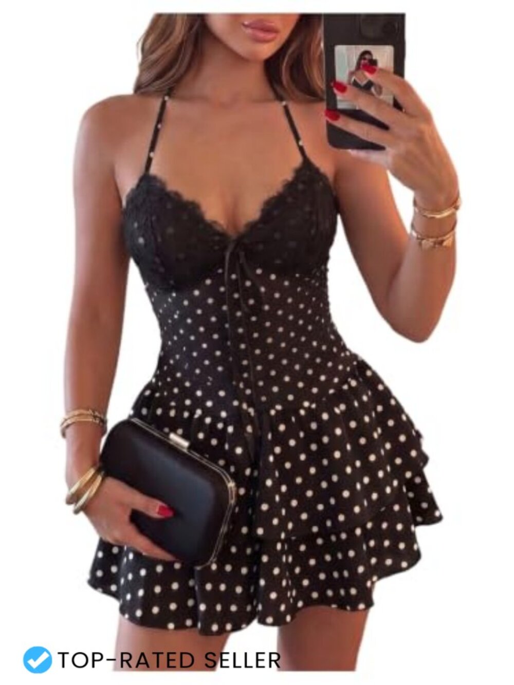 Polka Dot Halter Mini Dress Lace Tie Backless Ruffle A Line